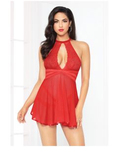 Lace Mesh Babydoll w/Strappy Waist & Panty w/Criss Cross Waistband Red